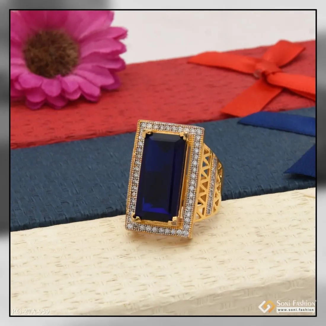 1 Gram Gold Forming Blue Stone with Diamond Glittering Design Ring - Style A959