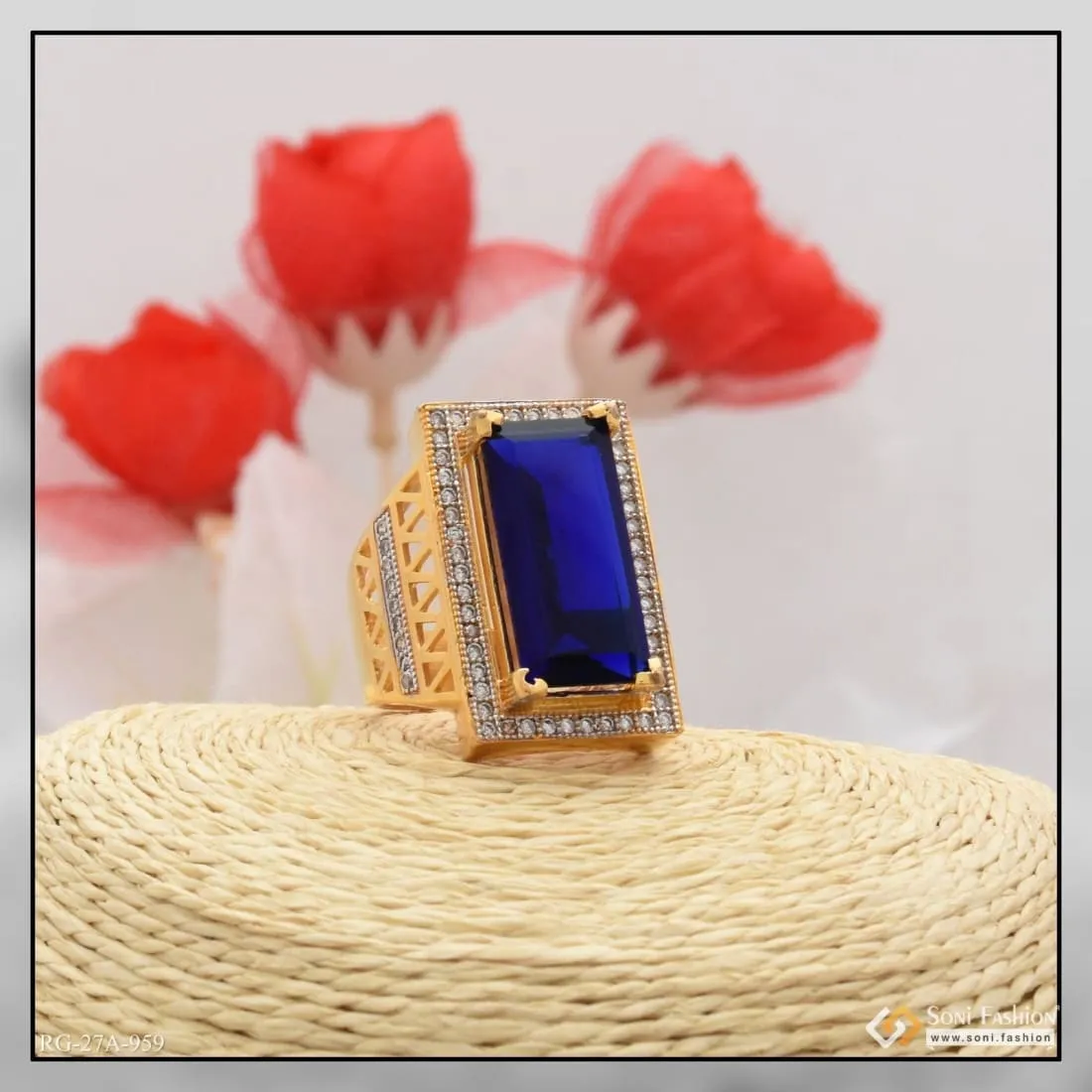 1 Gram Gold Forming Blue Stone with Diamond Glittering Design Ring - Style A959