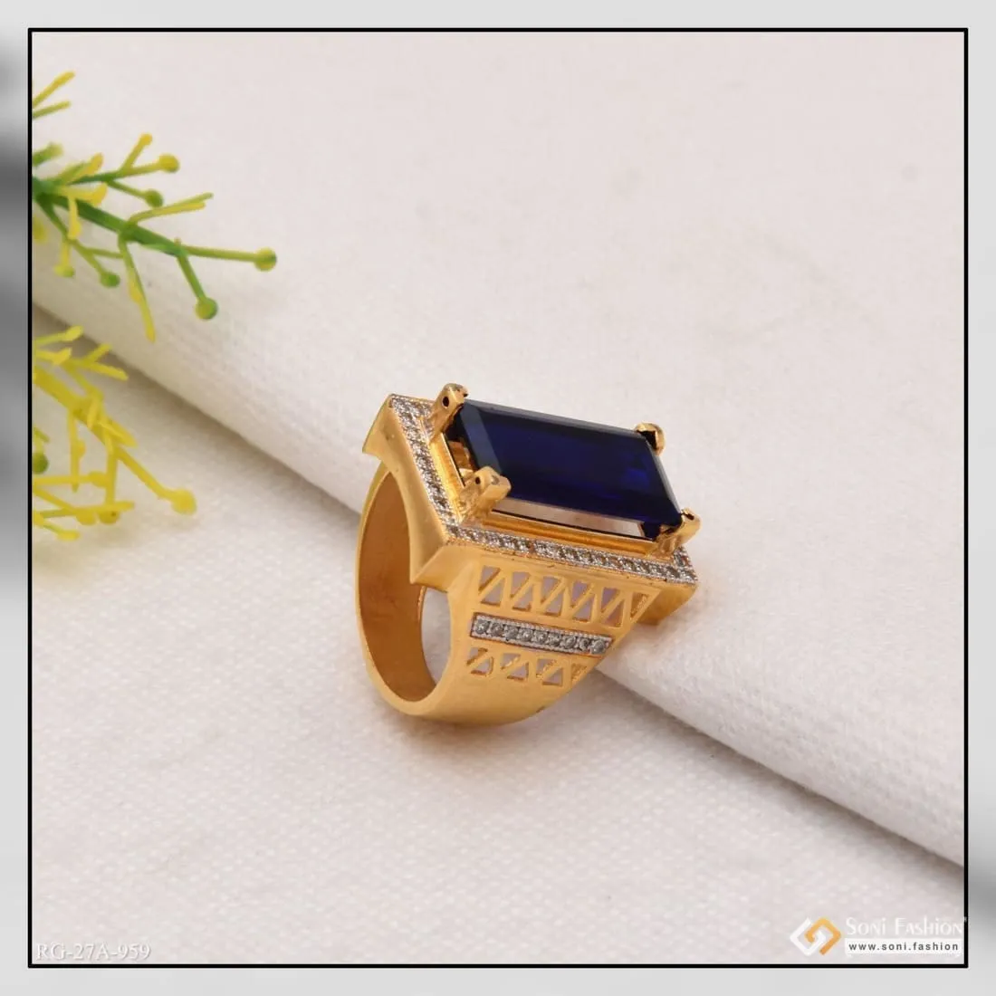 1 Gram Gold Forming Blue Stone with Diamond Glittering Design Ring - Style A959