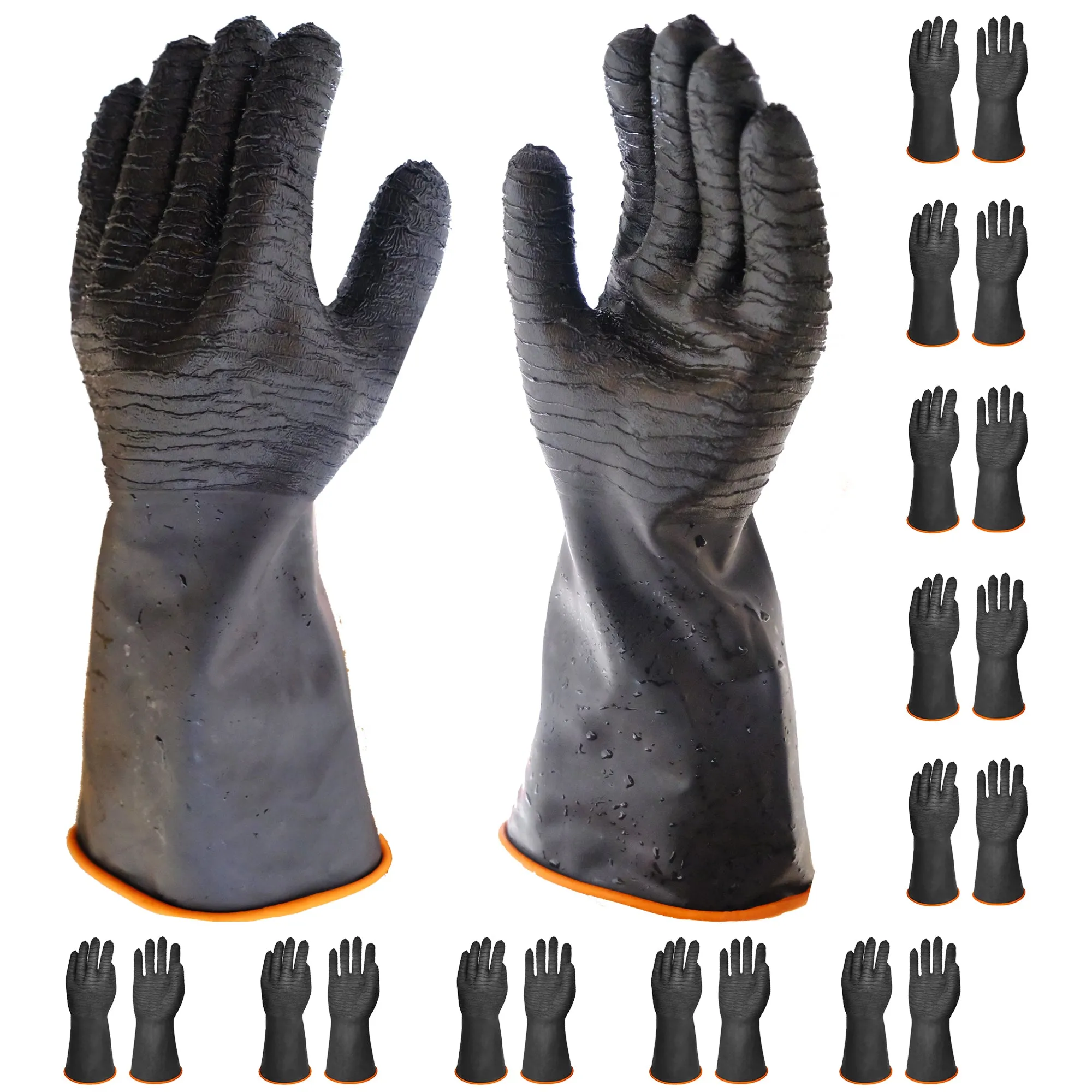 10 Pairs Heavy Duty Black Rubber Gloves with Crinkle Finish/Rolled Cuff