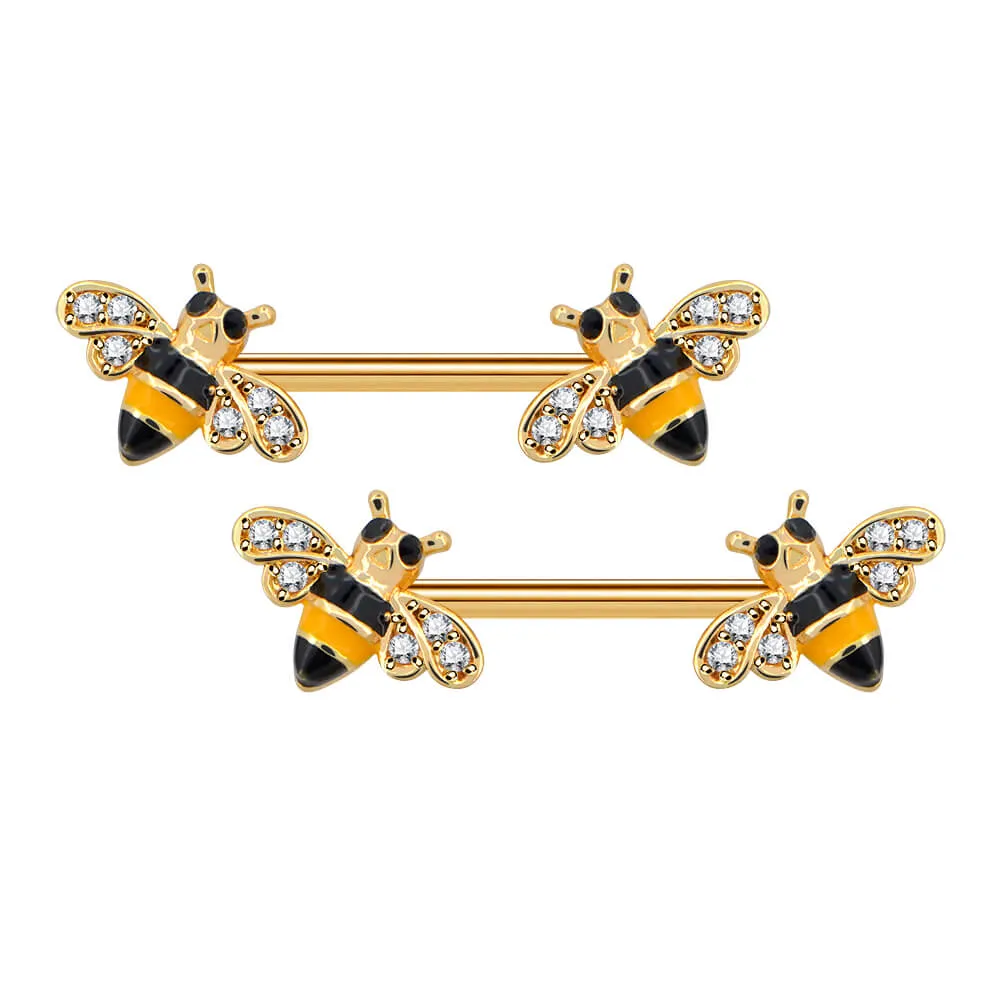 14G Crystal CZ Golden Honeybee Nipple Barbell Jewelry