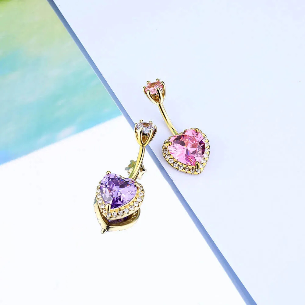 14G Purple&Pink Heart-shaped CZ Belly Button Ring