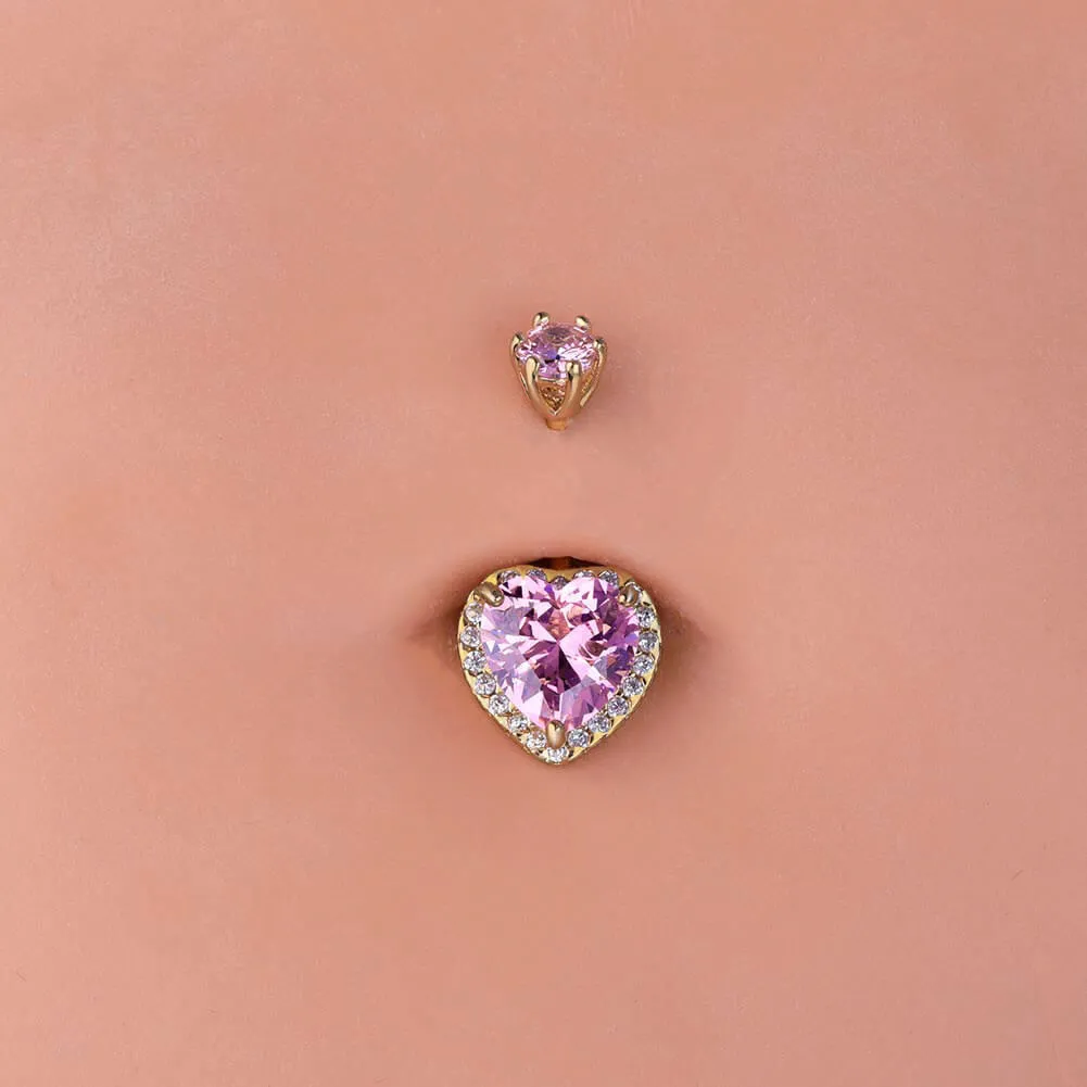 14G Purple&Pink Heart-shaped CZ Belly Button Ring