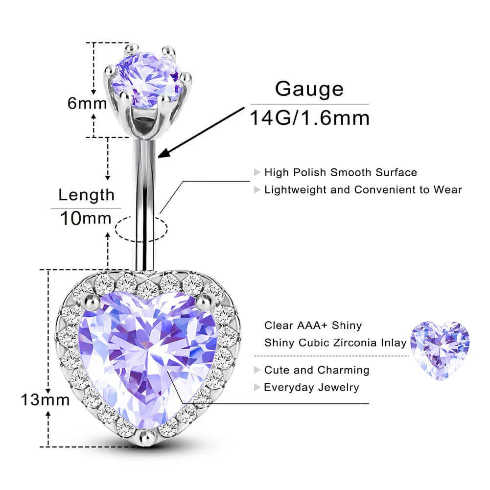 14G Purple&Pink Heart-shaped CZ Belly Button Ring