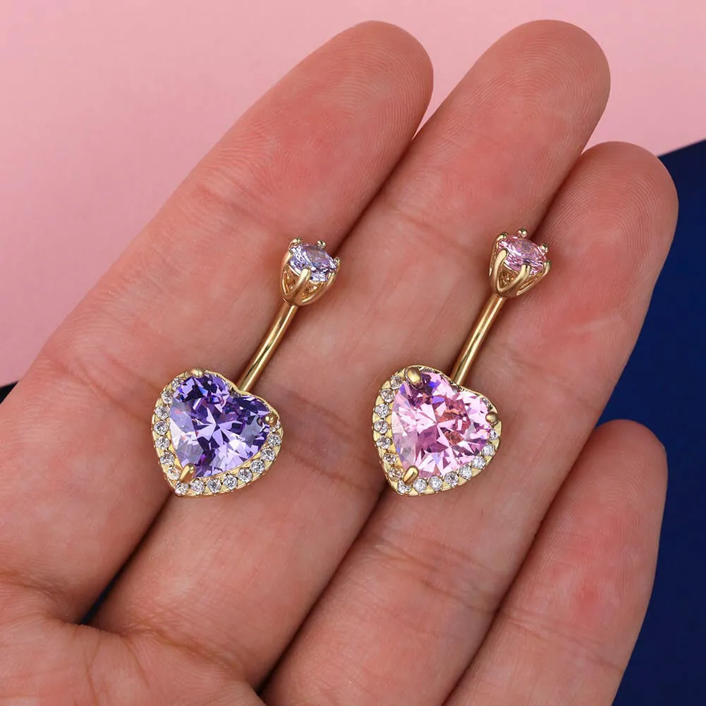 14G Purple&Pink Heart-shaped CZ Belly Button Ring