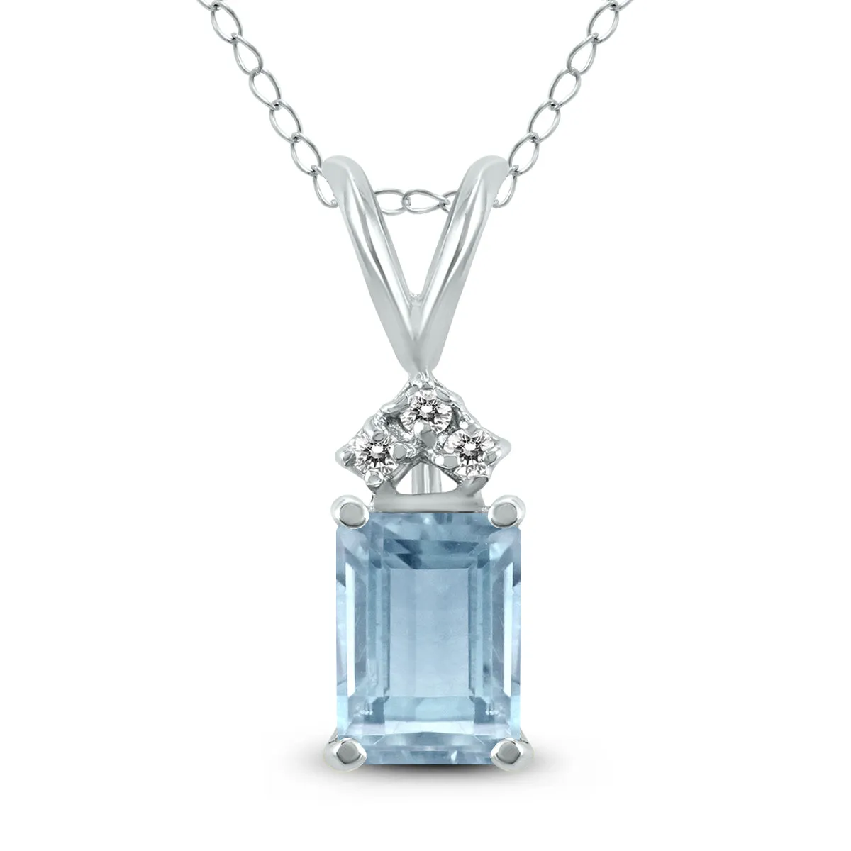 14K  6X4Mm Emerald Shaped Aquamarine And Three Stone Diamond Pendant