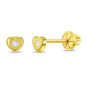 14k Gold Teenie Tiny CZ Heart 3mm Baby / Toddler / Kids Earrings Safety Screw Back