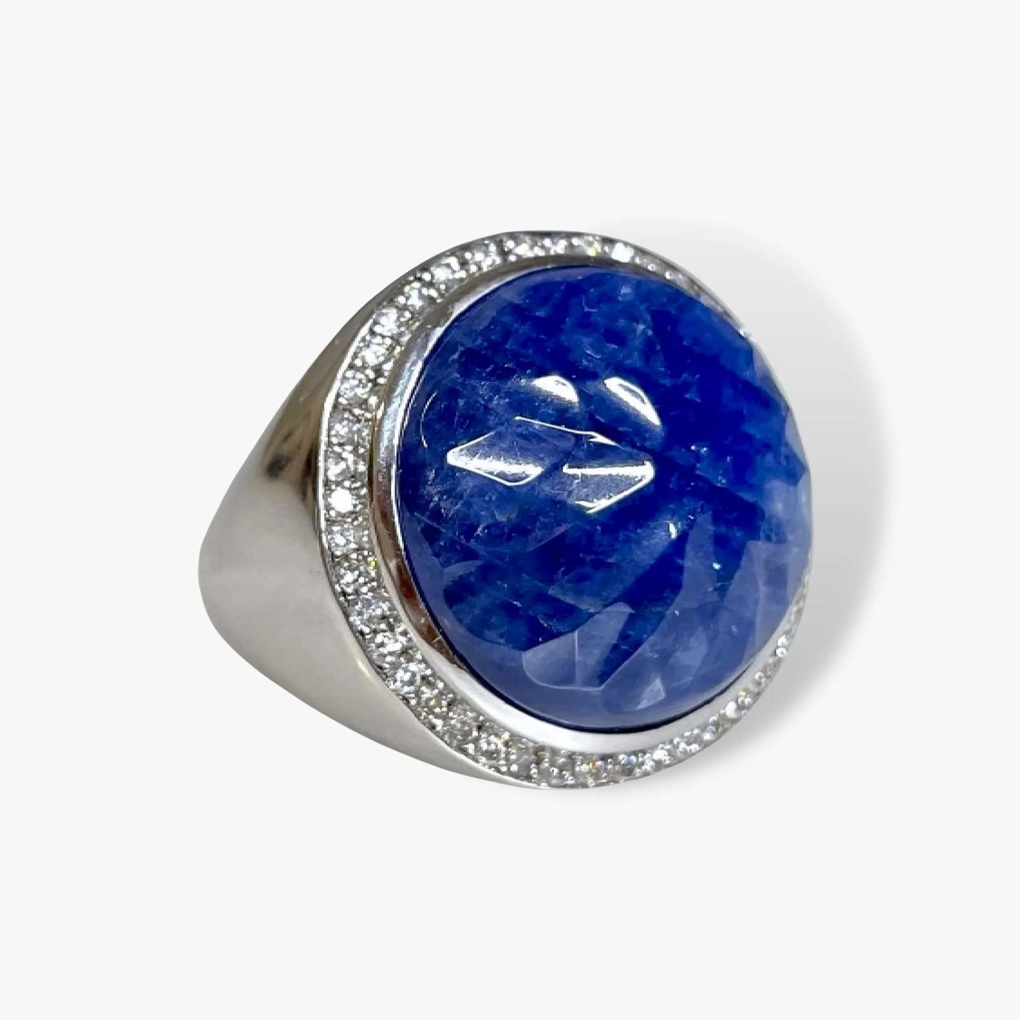 14k White Gold Carved Blue Sapphire Diamond Halo Vintage Signet Ring