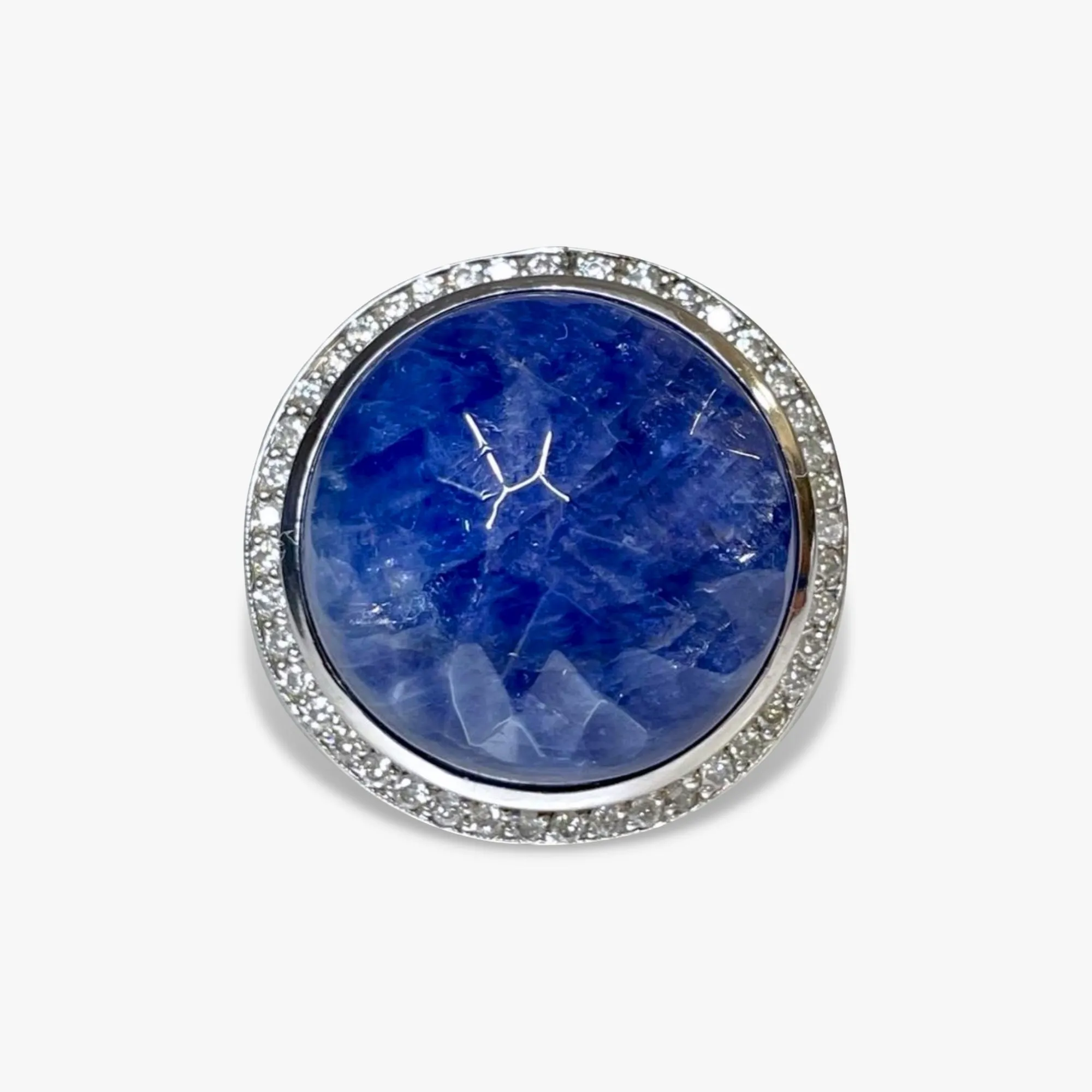 14k White Gold Carved Blue Sapphire Diamond Halo Vintage Signet Ring