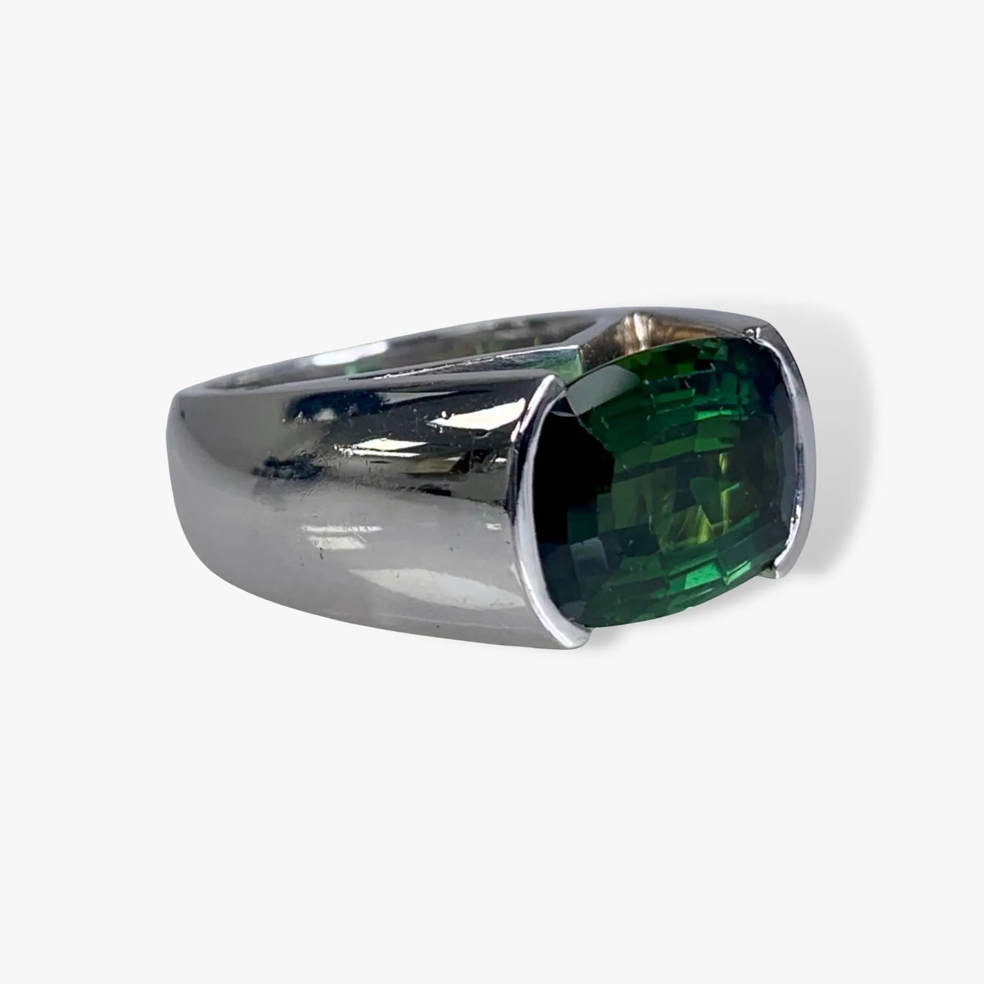 14k White Gold Cushion-Shaped Green Tourmaline Vintage Signet Ring