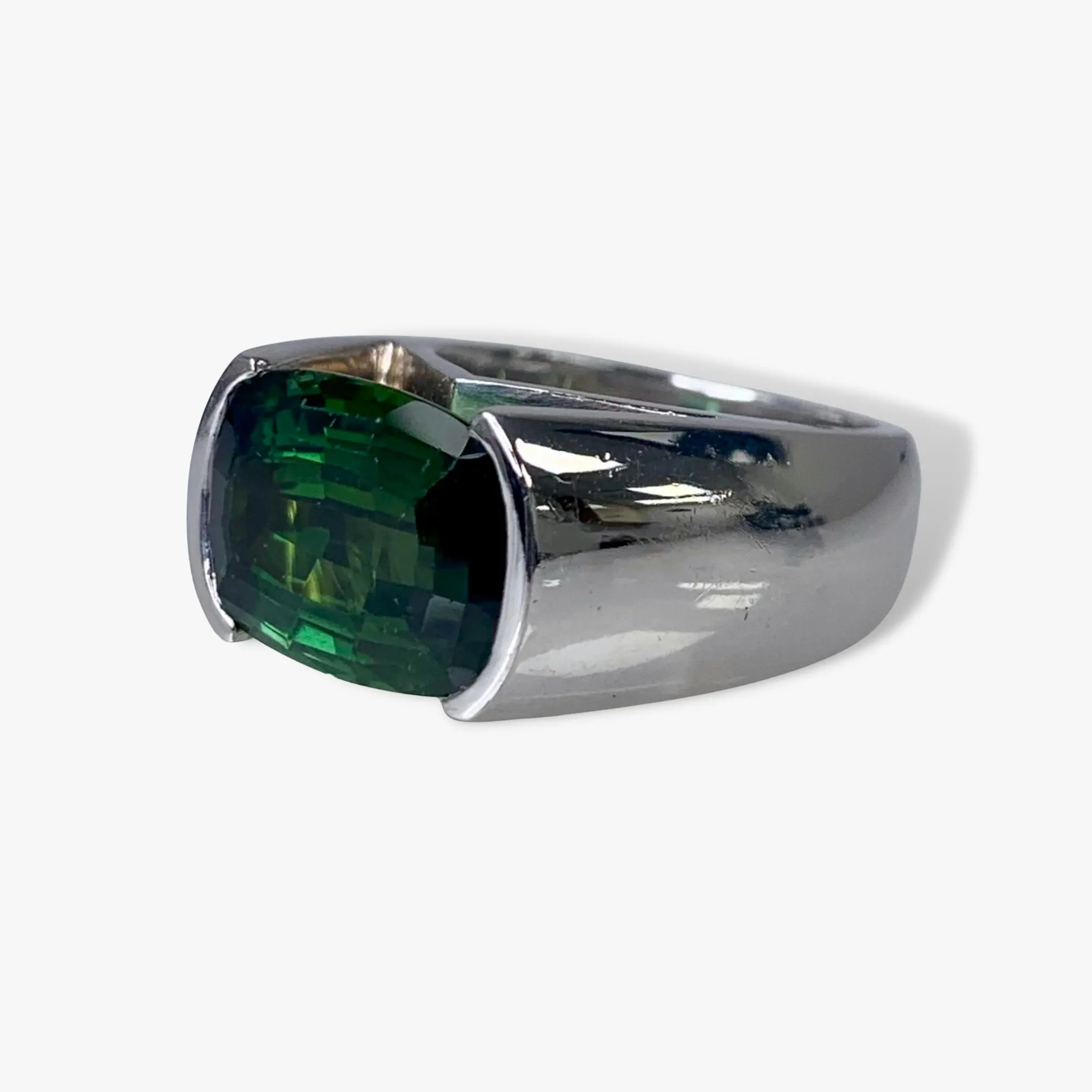 14k White Gold Cushion-Shaped Green Tourmaline Vintage Signet Ring