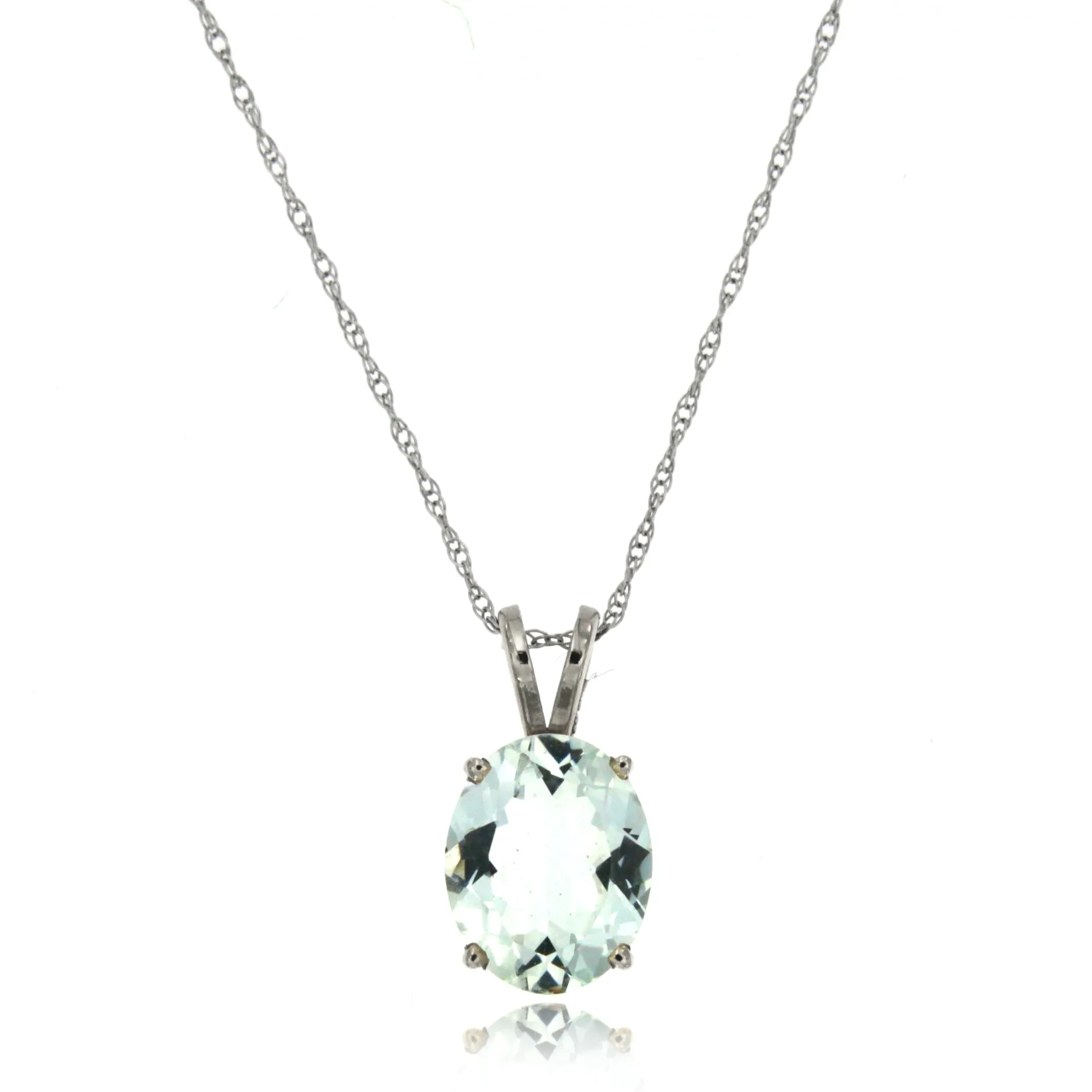 14K White Gold Oval Blue Aquamarine Gemstone Solitaire Pendant, Birthstone of March with 18" Chain.