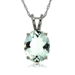 14K White Gold Oval Blue Aquamarine Gemstone Solitaire Pendant, Birthstone of March with 18" Chain.