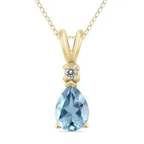 14K Yellow Gold 5X3Mm Pear Aquamarine And Diamond Pendant