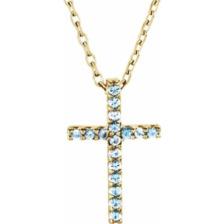 14K Yellow Natural Aquamarine Petite Cross 16" Necklace