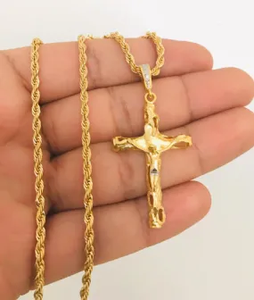 18K Gold Filled Cross Necklace, Religious Necklace 24" Cross Pendant 43x26mm