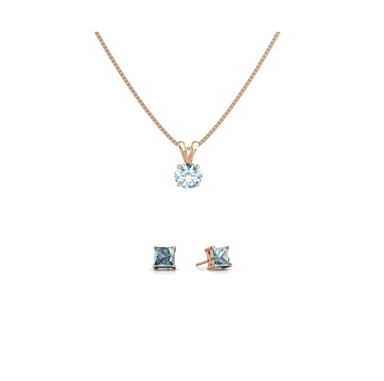 18K Rose Gold 1ct Aquamarine Round 18 Inch Necklace and Square Earrings Set Plated