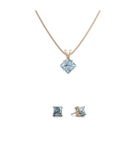 18K Rose Gold 4ct Aquamarine Square 18 Inch Necklace and Earrings Set Plated