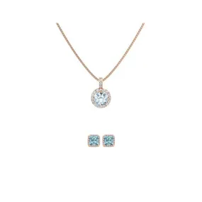 18K Rose Gold 4ct Halo Aquamarine Round 18 Inch Necklace and Halo Square Earrings Set Plated