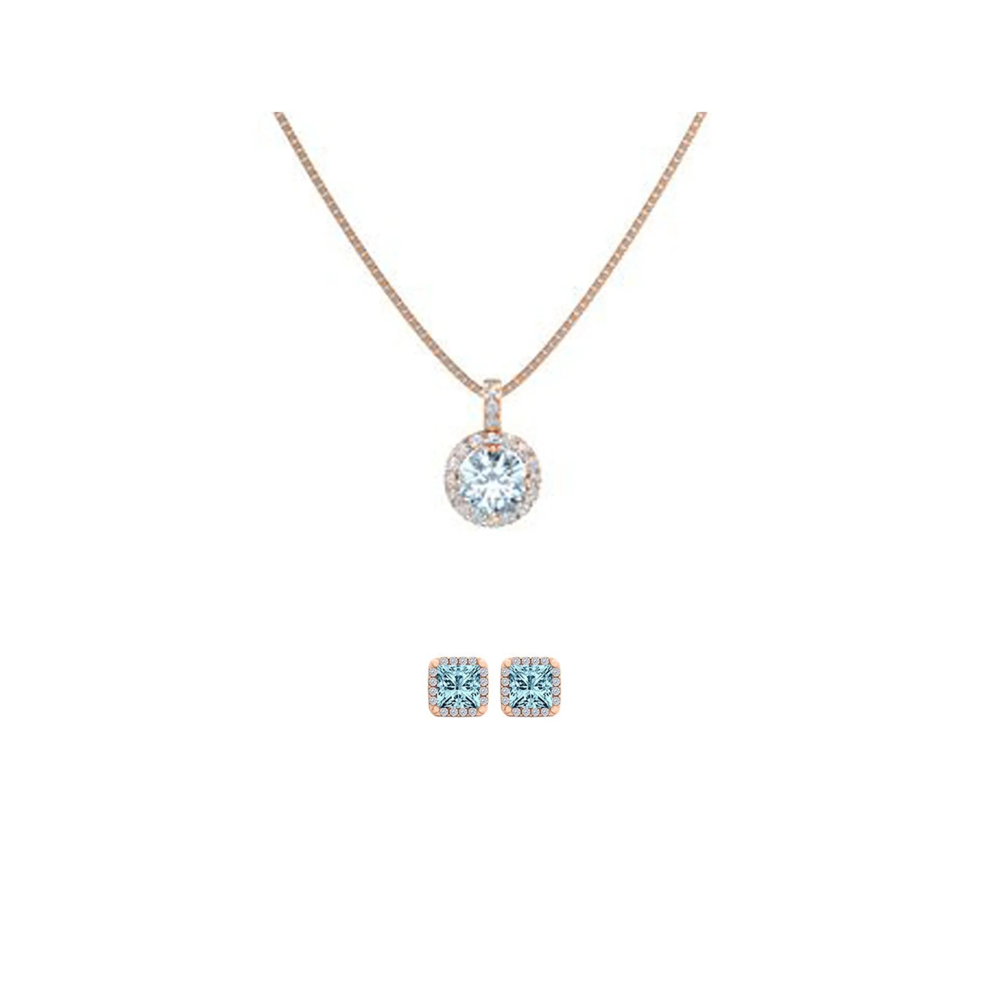 18K Rose Gold 4ct Halo Aquamarine Round 18 Inch Necklace and Halo Square Earrings Set Plated