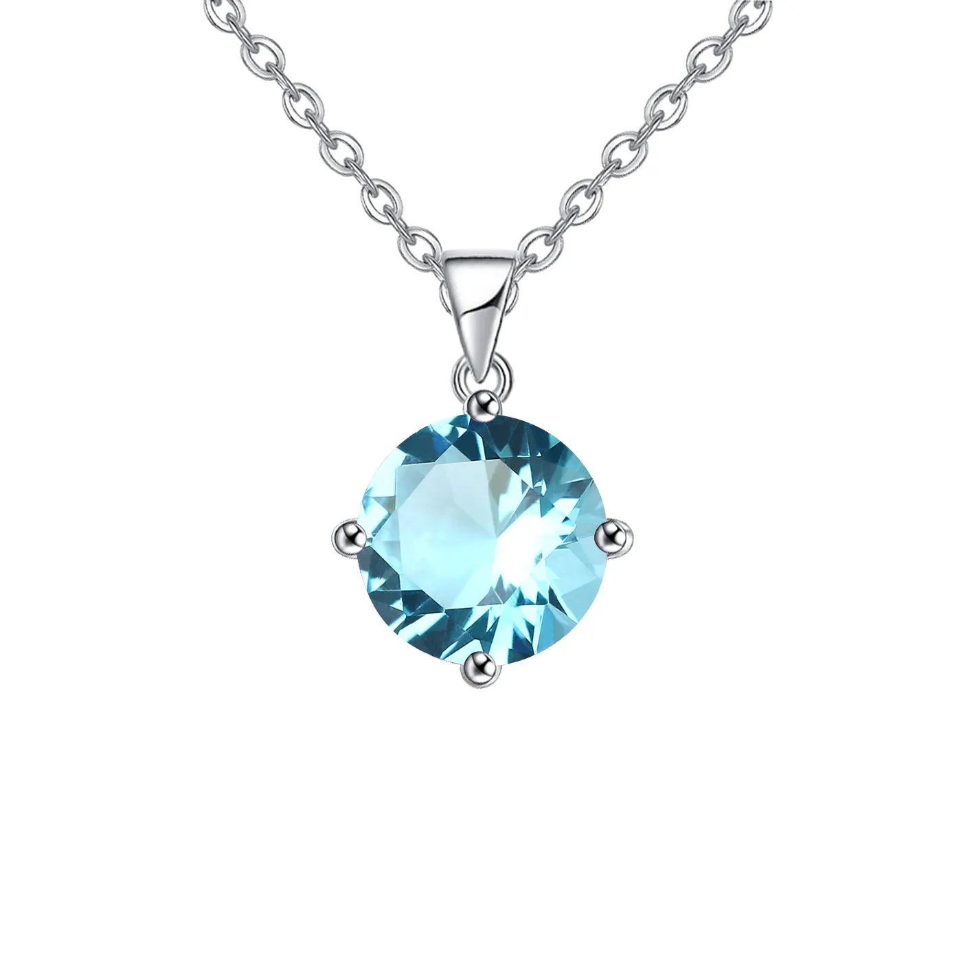 18K White Gold 1/2 Carat Created Aquamarine Round Stud Necklace Plated 18 inch