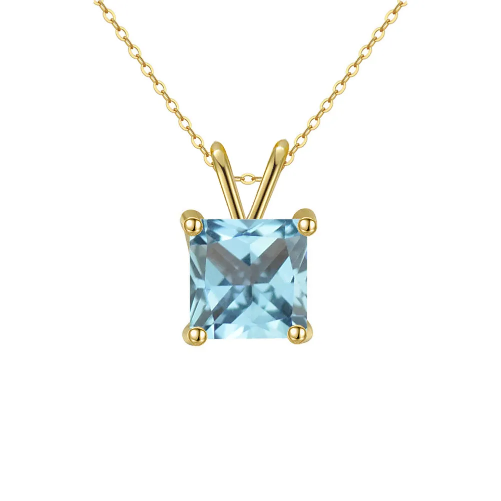 18K Yellow Gold 1/2 Carat Created Aquamarine Princess Stud Necklace Plated 18 inch