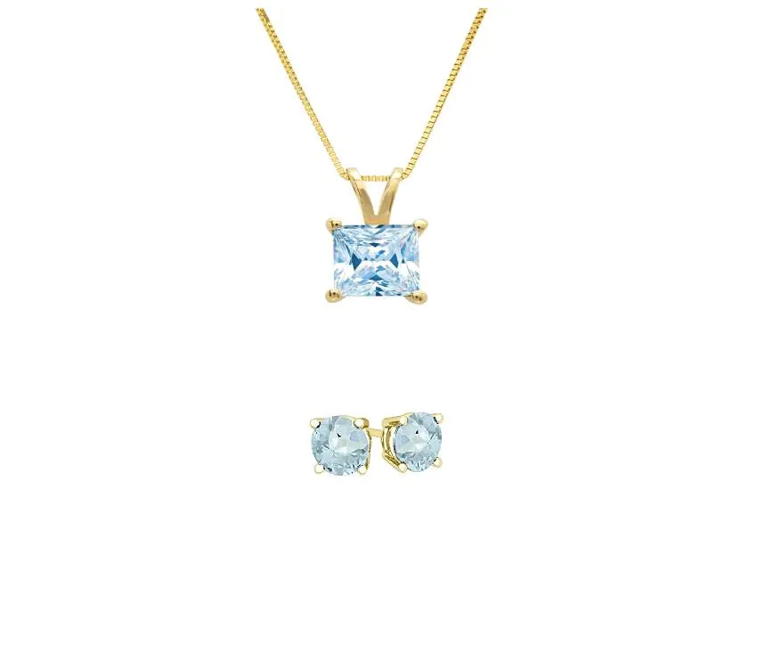 18K Yellow Gold 1/2ct Aquamarine Princess Cut 18 Inch Necklace and Round Earrings Set Plated