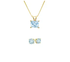 18K Yellow Gold 1/2ct Aquamarine Princess Cut 18 Inch Necklace and Round Earrings Set Plated