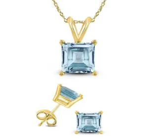 18K Yellow Gold 3ct Created Aquamarine CZ Square 18 Inch Necklace and Earrings Set Plated