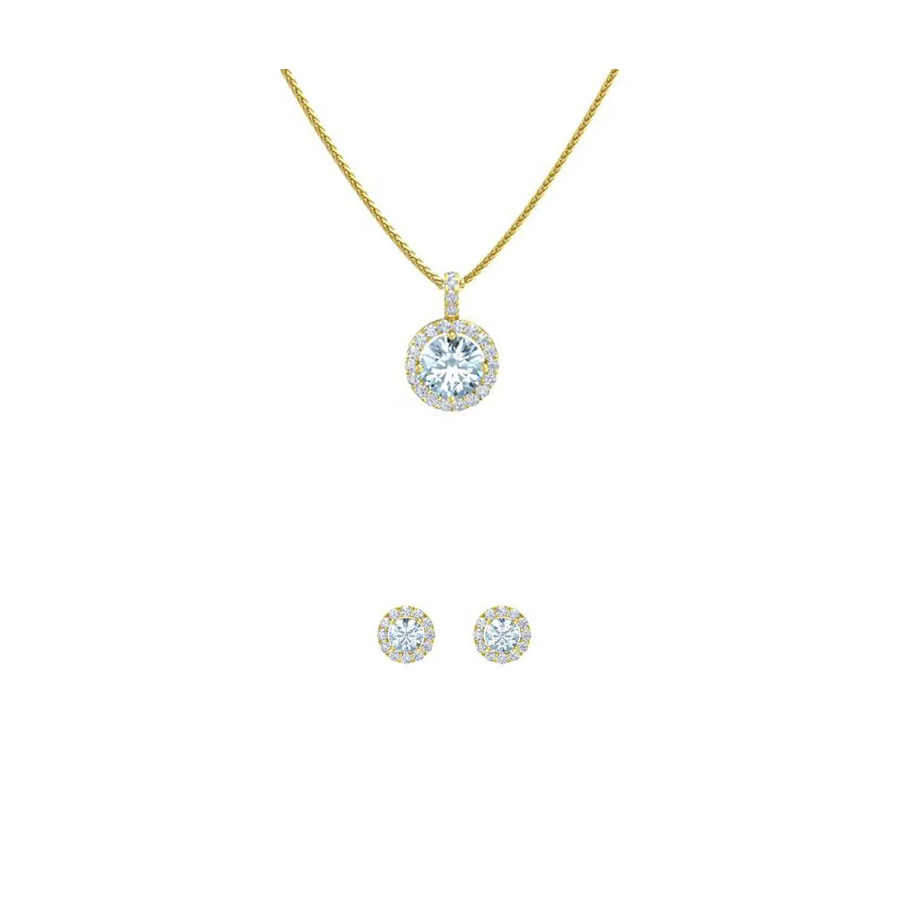 18K Yellow Gold 3ct  Halo Aquamarine Round 18 Inch Necklace and Halo Earrings Set Plated