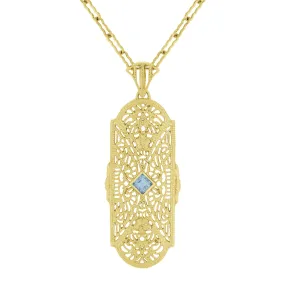 1920's Filigree Art Deco Aquamarine Pendant Necklace in Sterling Silver with Yellow Gold Vermeil