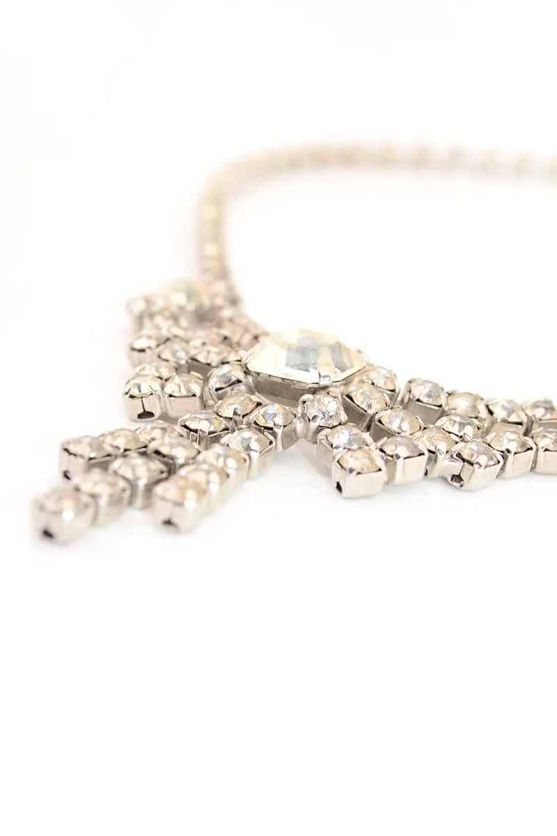 1950s Rhinestone Bow Choker Necklace w/ Large Center Stone