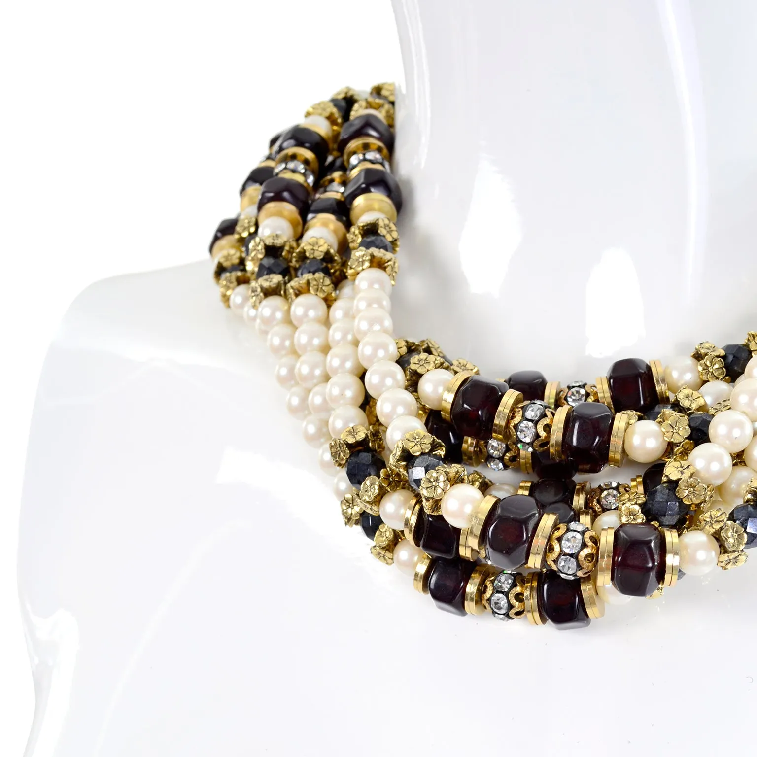 1960s Multi Strand Pearl Rhinestone & Black Bead Necklace W Hand Clasp