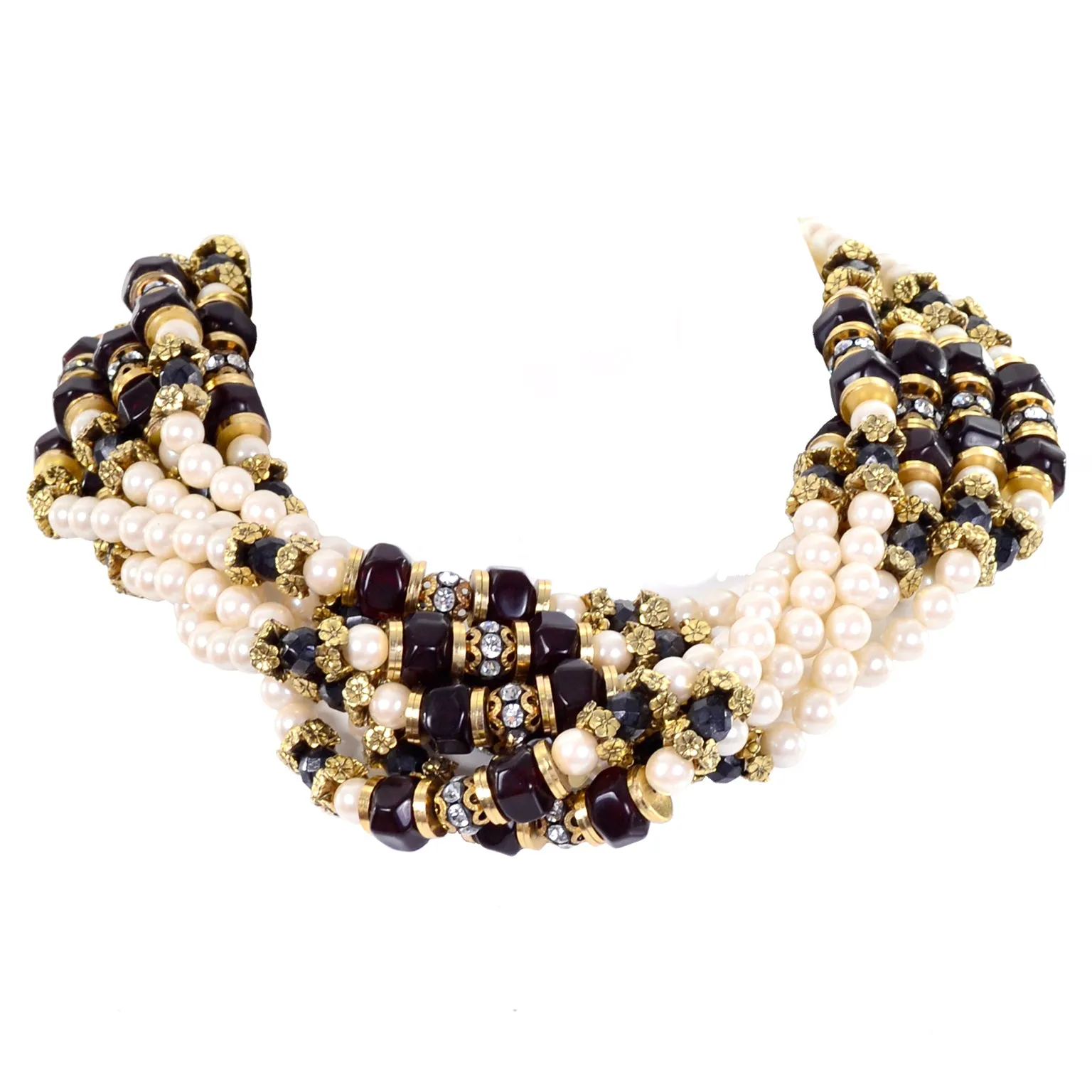 1960s Multi Strand Pearl Rhinestone & Black Bead Necklace W Hand Clasp