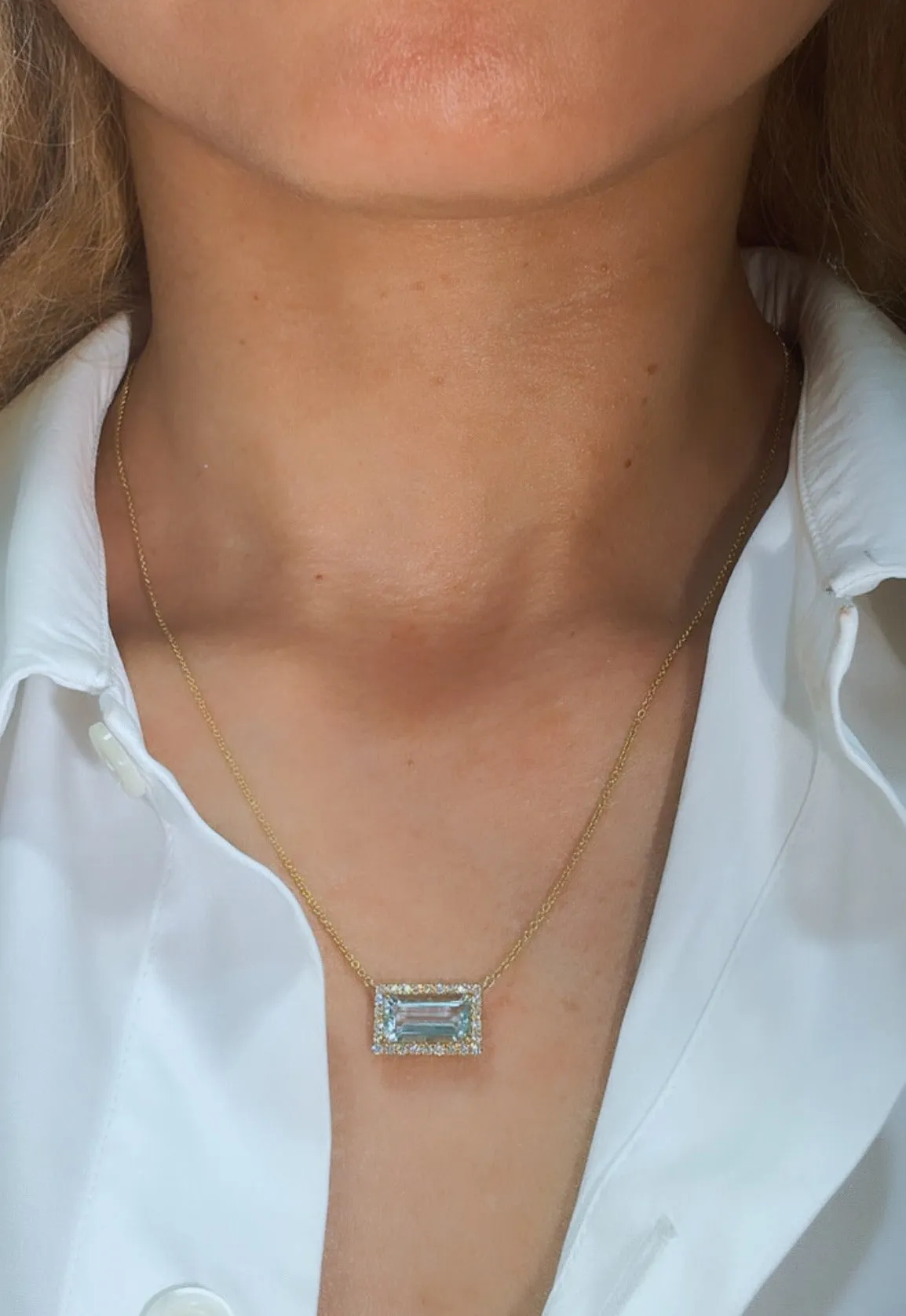 2.06carat Aquamarine Center with Diamond Halo East - West Set Solitaire Pendant Necklace