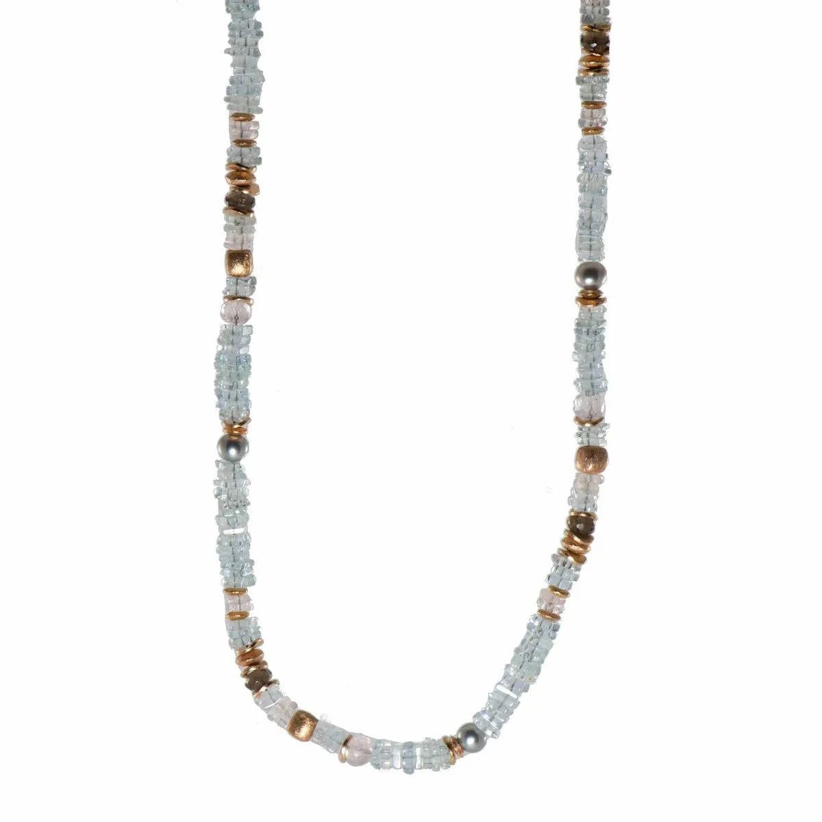 5mm Aquamarine Chips, Rose Quartz, Smoky Quartz & Pearls 24K Gold Vermeil Necklace