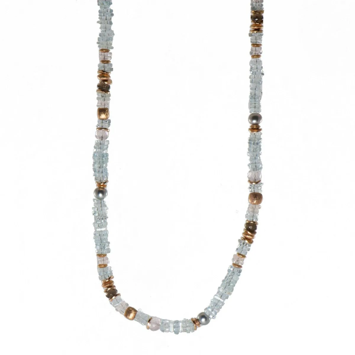 5mm Aquamarine Chips, Rose Quartz, Smoky Quartz & Pearls 24K Gold Vermeil Necklace