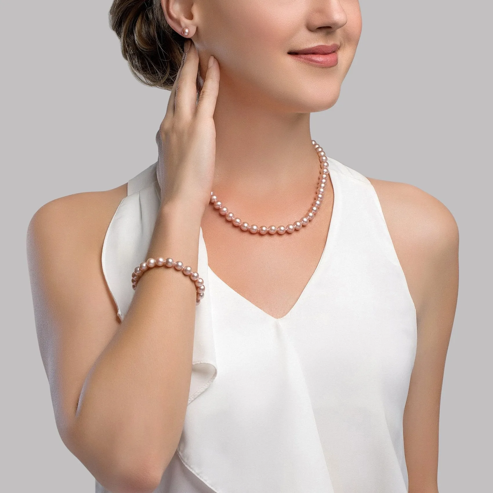 7.0-7.5mm Pink Freshwater Pearl Necklace, Bracelet & Earrings