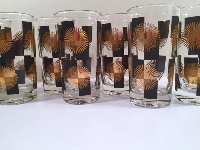 Anchor Hocking - Mid-Century Black Square with 22-Karat Gold Atomic Burst Bar Set  (Set of 24 Glasses)