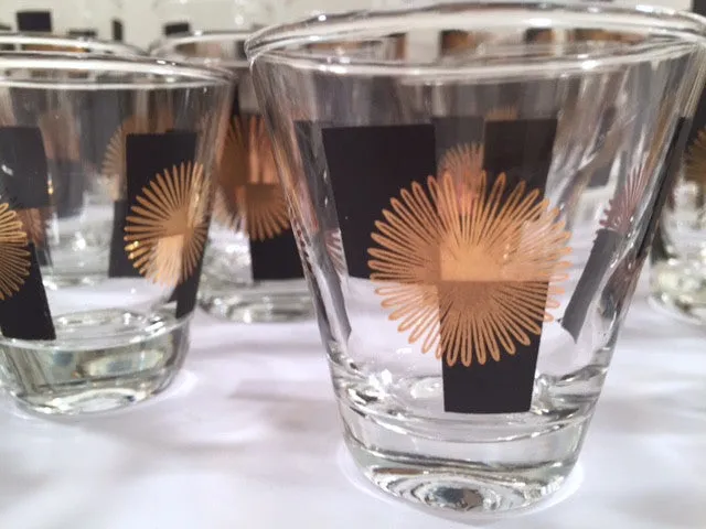 Anchor Hocking - Mid-Century Black Square with 22-Karat Gold Atomic Burst Bar Set  (Set of 24 Glasses)