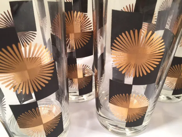 Anchor Hocking - Mid-Century Black Square with 22-Karat Gold Atomic Burst Bar Set  (Set of 24 Glasses)