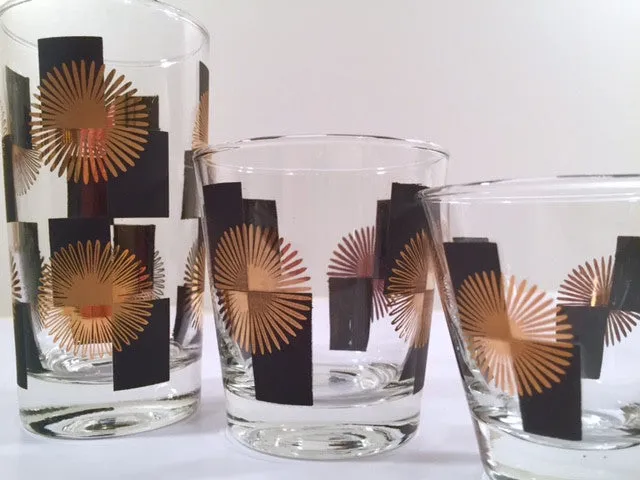 Anchor Hocking - Mid-Century Black Square with 22-Karat Gold Atomic Burst Bar Set  (Set of 24 Glasses)