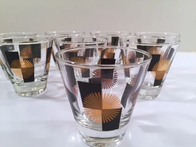 Anchor Hocking - Mid-Century Black Square with 22-Karat Gold Atomic Burst Bar Set  (Set of 24 Glasses)