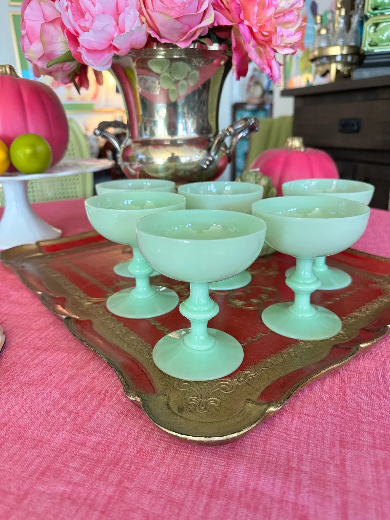 Antique Champagne Coupes, French Green Opaline, Jadeite, Set of 6