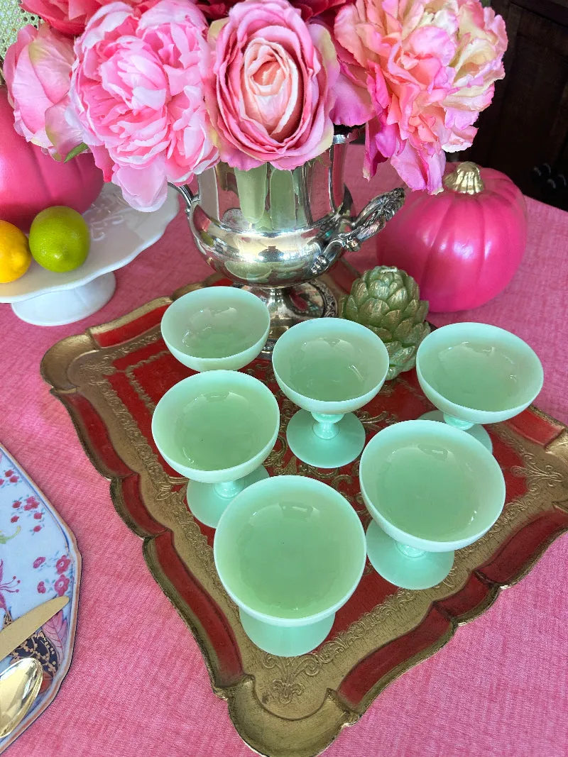 Antique Champagne Coupes, French Green Opaline, Jadeite, Set of 6