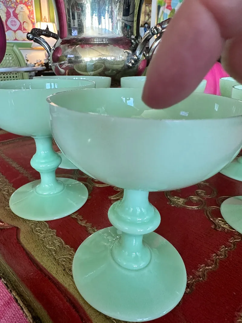 Antique Champagne Coupes, French Green Opaline, Jadeite, Set of 6