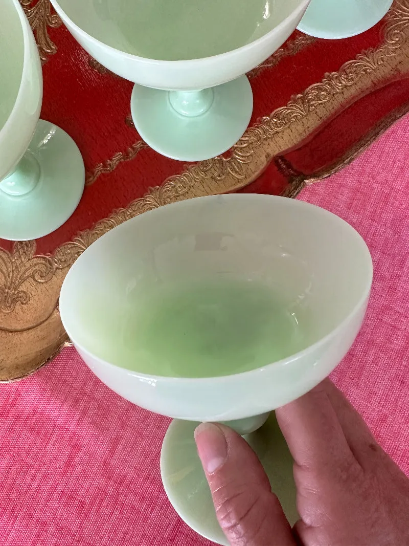 Antique Champagne Coupes, French Green Opaline, Jadeite, Set of 6