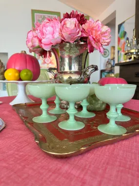 Antique Champagne Coupes, French Green Opaline, Jadeite, Set of 6