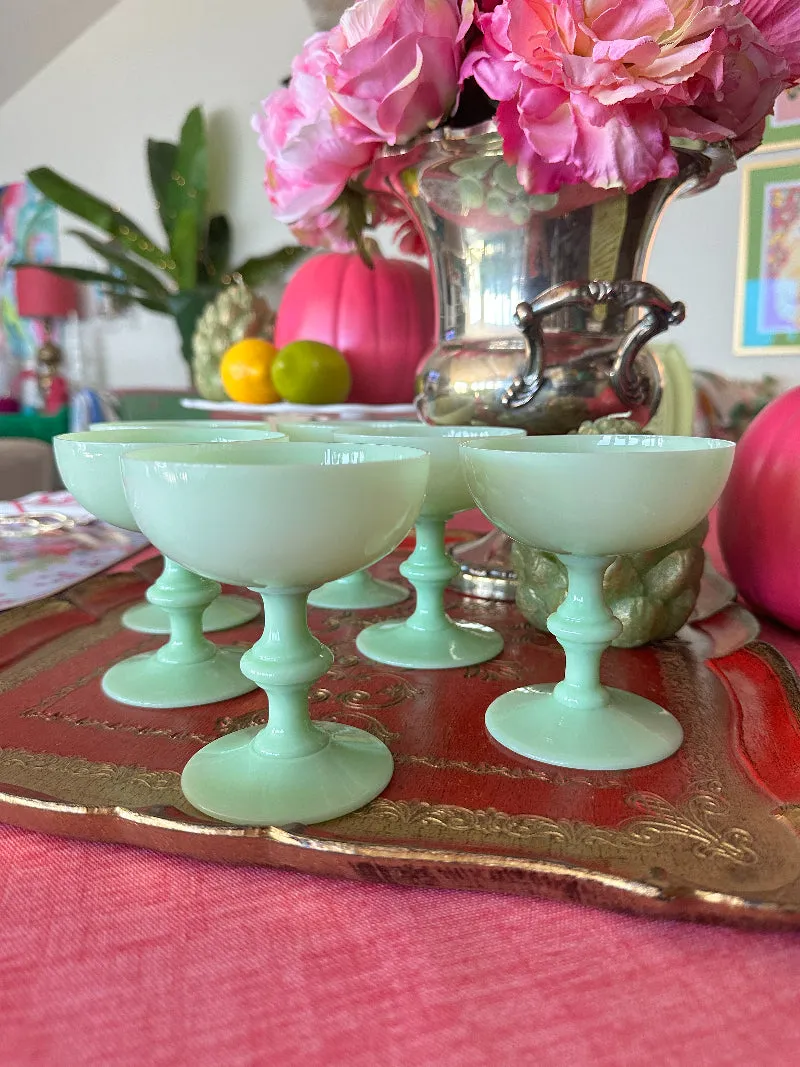 Antique Champagne Coupes, French Green Opaline, Jadeite, Set of 6