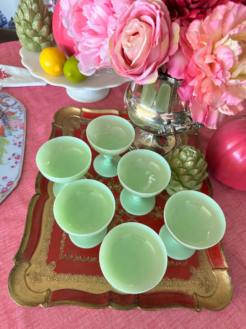 Antique Champagne Coupes, French Green Opaline, Jadeite, Set of 6